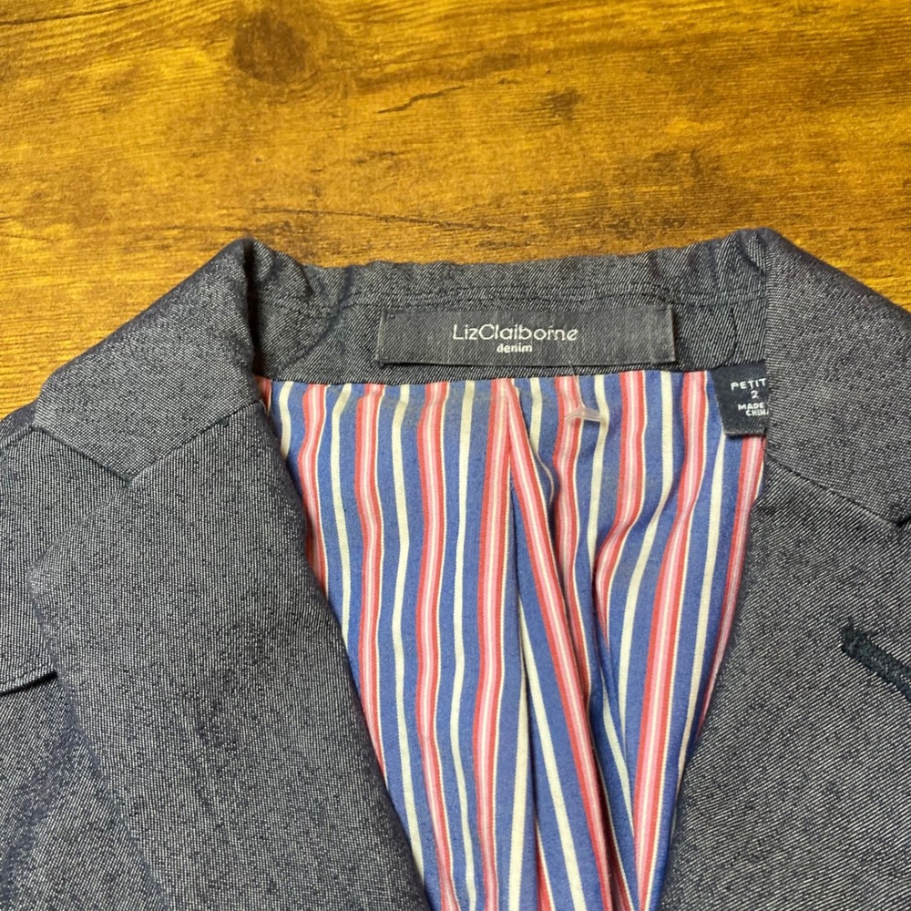 Liz Claiborne Denim Jacket 2 Petite Blue Striped Lined Blazer Business‎ Casual - Picture 10 of 11
